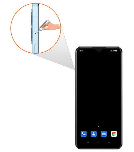 Step 1: Insert the ejection pin into the hole on the SIM card tray to loosen the tray.