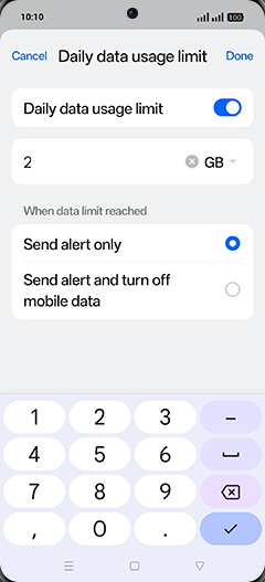 Step 15: Enter Daily data usage limit and tap on Done.