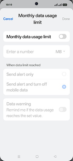 Step 17: Tap on Monthly data usage limit to turn ON.