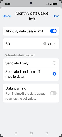Step 22: Tap on Data warning to turn ON.