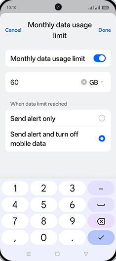 Step 19: Enter desired Monthly data usage limit and tap on Done.