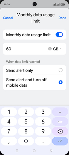 Step 19: Enter desired Monthly data usage limit and tap on Done.