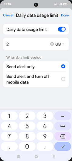 Step 13: Enter Daily data usage limit and tap on Done.