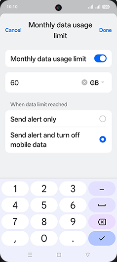 Step 19: Enter desired Monthly data usage limit and tap on Done.