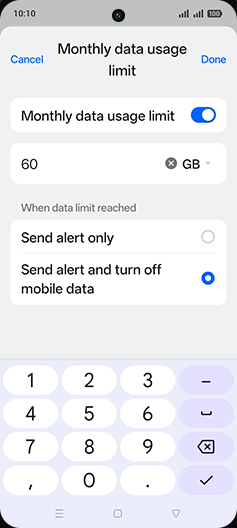 Step 19: Enter desired Monthly data usage limit and tap on Done.
