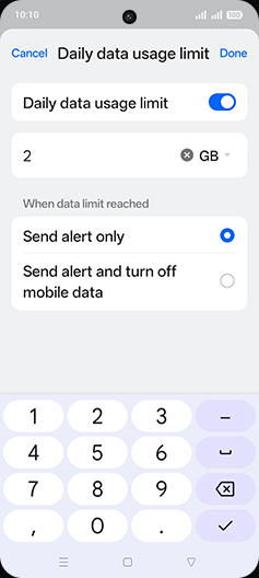 Step 13: Enter Daily data usage limit and tap on Done.