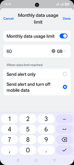 Step 19: Enter desired Monthly data usage limit and tap on Done.