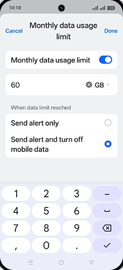 Step 19: Enter desired Monthly data usage limit and tap on Done.