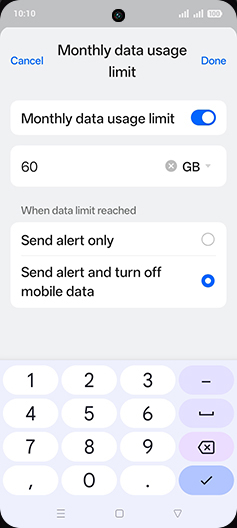Step 19: Enter desired Monthly data usage limit and tap on Done.
