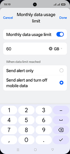 Step 19: Enter desired Monthly data usage limit and tap on Done.