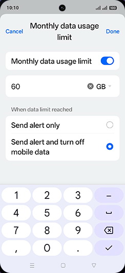 Step 19: Enter desired Monthly data usage limit and tap on Done.
