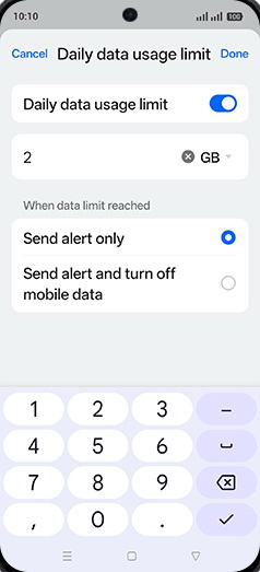 Step 13: Enter Daily data usage limit and tap on Done.