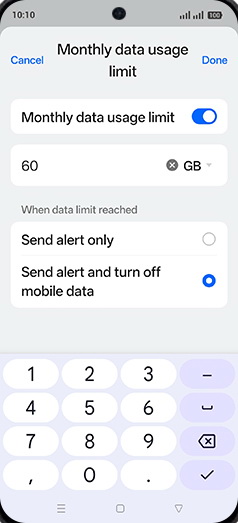 Step 19: Enter desired Monthly data usage limit and tap on Done.