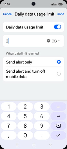 Step 13: Enter Daily data usage limit and tap on Done.