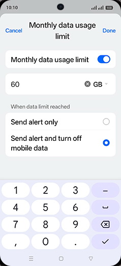 Step 19: Enter desired Monthly data usage limit and tap on Done.