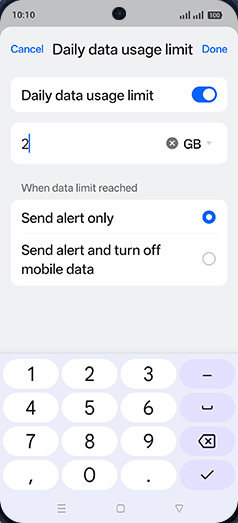 Step 13: Enter Daily data usage limit and tap on Done.