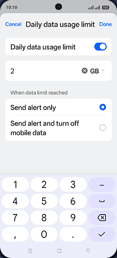 Step 13: Enter Daily data usage limit and tap on Done.