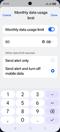Step 19: Enter desired Monthly data usage limit and tap on Done.