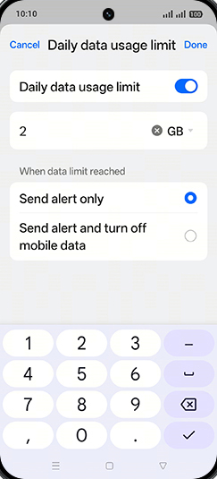 Step 13: Enter Daily data usage limit and tap on Done.