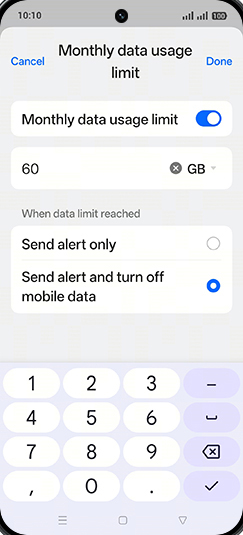 Step 19: Enter desired Monthly data usage limit and tap on Done.