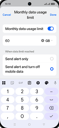 Step 19: Enter desired Monthly data usage limit and tap on Done.