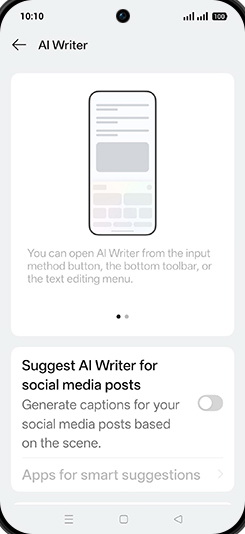 Step 5: Tap on Suggest AI Writer for social media post to turn ON.