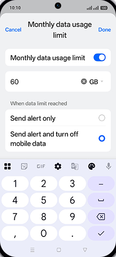Step 19: Enter desired Monthly data usage limit and tap on Done.
