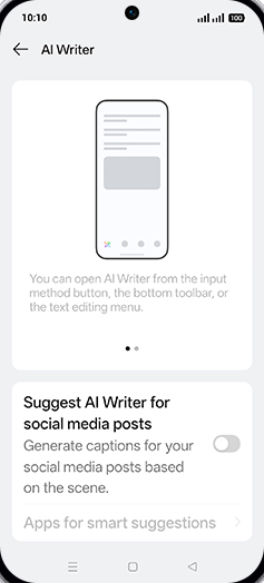 Step 5: Tap on Suggest AI Writer for social media posts to turn ON.