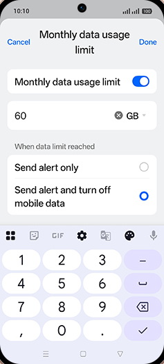 Step 19: Enter desired Monthly data usage limit and tap on Done.