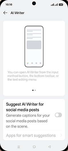 Step 5: Tap on Suggest AI Writer for social media posts to turn ON.