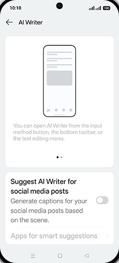 Step 5: Tap on Suggest AI Writer for social media posts to turn ON.