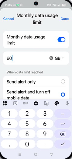 Step 19: Enter desired Monthly data usage limit and tap on Done.