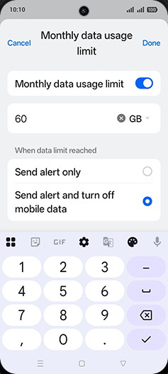 Step 19: Enter desired Monthly data usage limit and tap on Done.