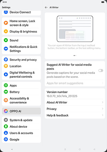 Step 5: Tap on Suggest AI Writer for social media posts to turn ON.