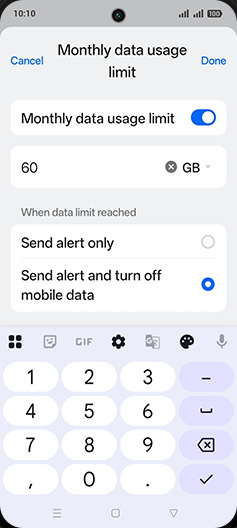 Step 19: Enter desired Monthly data usage limit and tap on Done.