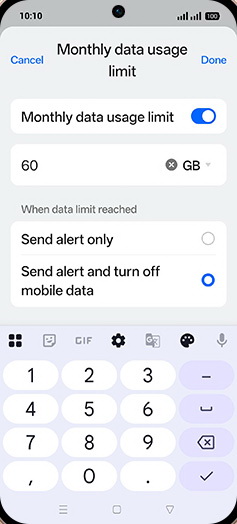 Step 19: Enter desired Monthly data usage limit and tap on Done.