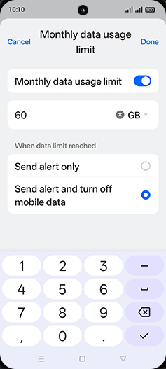 Step 19: Enter desired Monthly data usage limit and tap on Done.