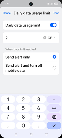 Step 13: Enter Daily data usage limit and tap on Done.