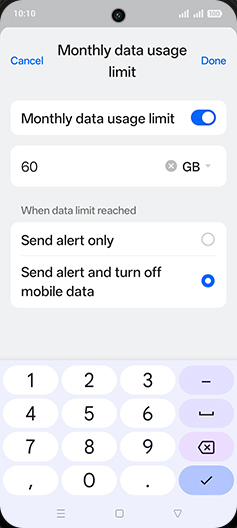 Step 19: Enter desired Monthly data usage limit and tap on Done.