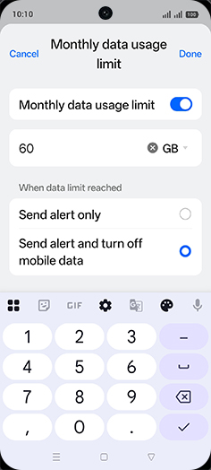 Step 19: Enter desired Monthly data usage limit and tap on Done.
