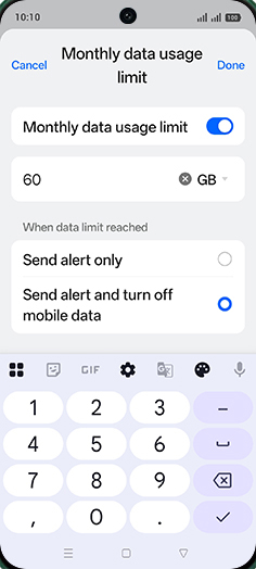 Step 19: Enter desired Monthly data usage limit and tap on Done.