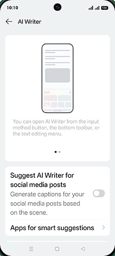 Step 5: Tap on Suggest AI Writer for social media posts to turn ON.