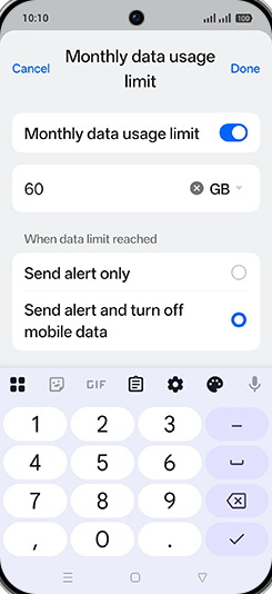 Step 19: Enter desired Monthly data usage limit and tap on Done.