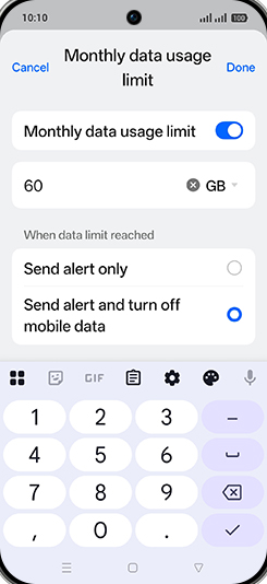 Step 19: Enter desired Monthly data usage limit and tap on Done.