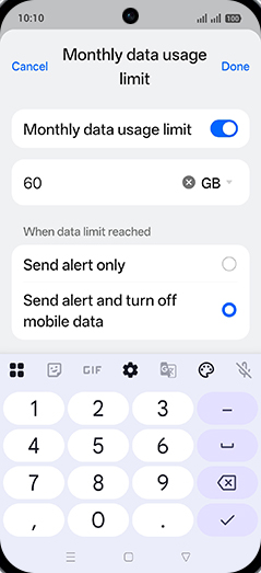 Step 19: Enter desired Monthly data usage limit and tap on Done.